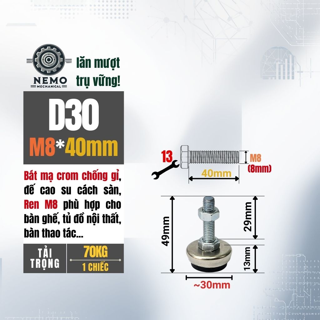 Chân Tăng Chỉnh Bát Thép Mạ Crom – Thẩm Mỹ Cao, Chống Rỉ Sét & Cân Bằng Thiết Bị (M8, M10, M12)